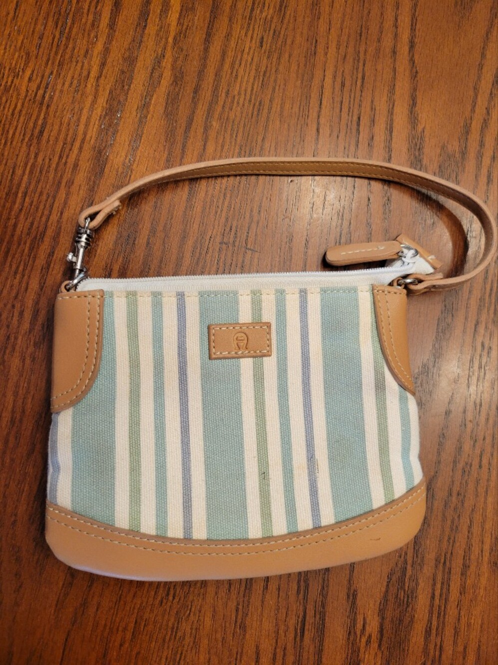 Etienne Aigner Cotton Canvas Green /Gray/ Cream Strip Clutch Wristlet, Tan Trim